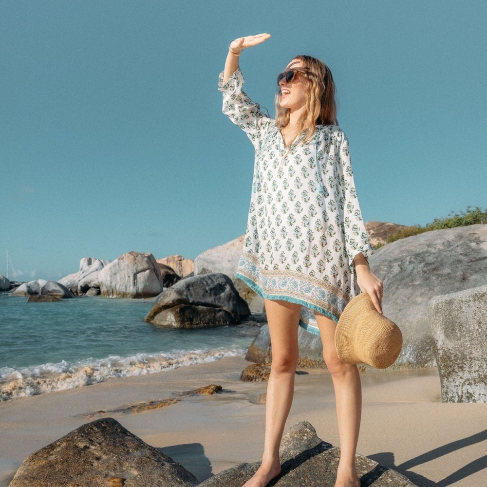Tuckernuck White Printed V-Neck Swim Coverup with Blue Trim